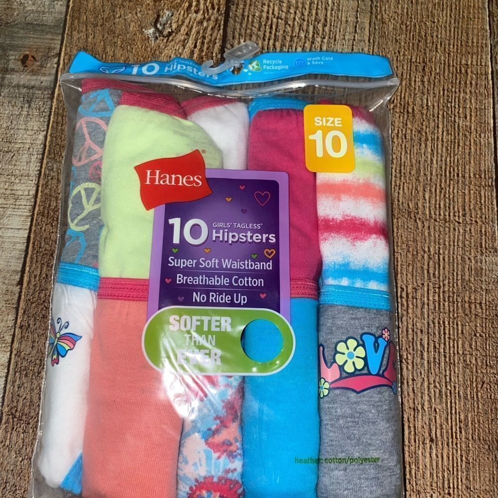 Hanes Girls Hipster Tagless Underwear No‎ Ride Up Multicolor 10 Ct Size 10 Nwt. - Picture 5 of 7